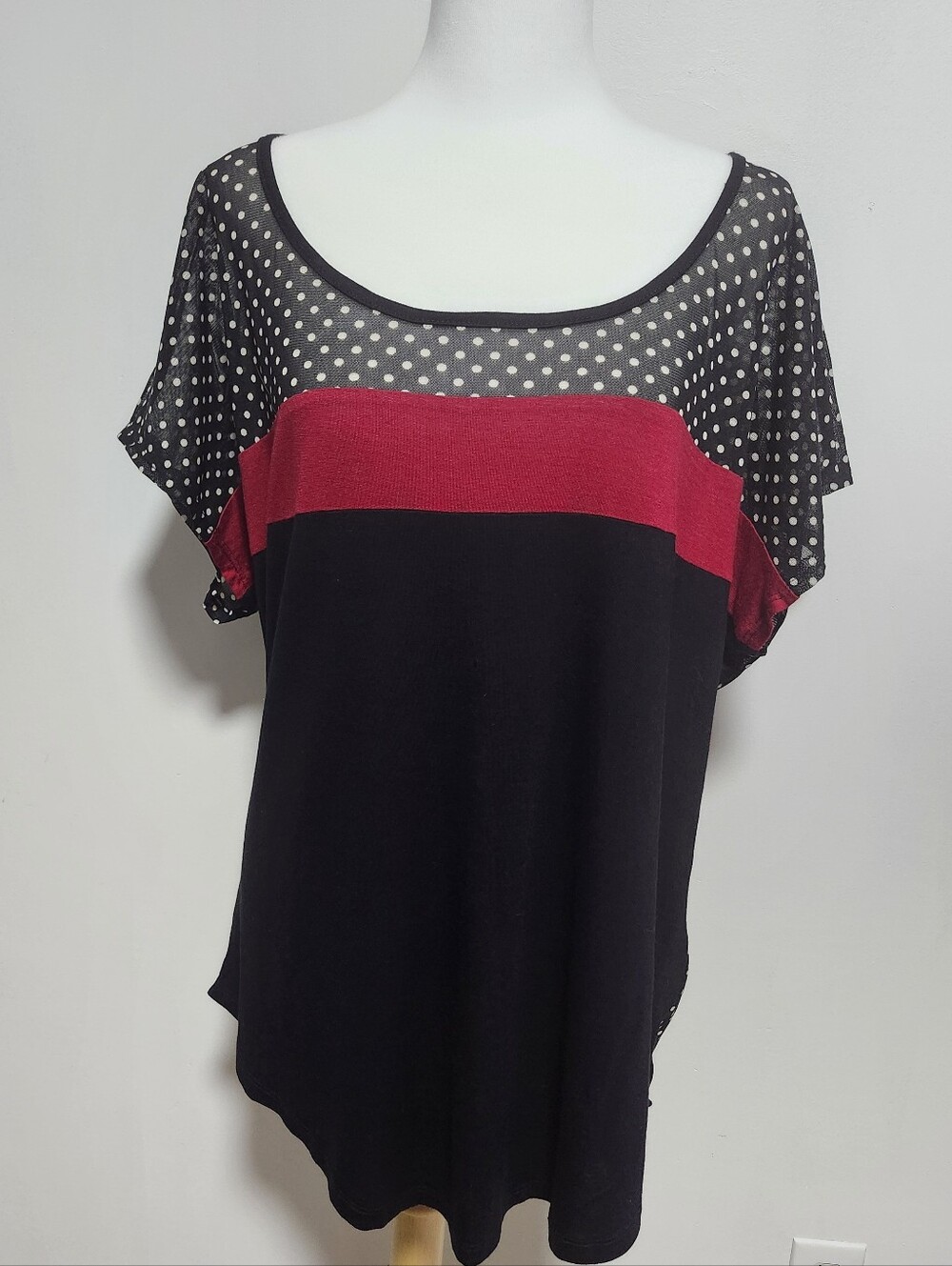 julie's closet Black Top with Red Chest Band and Polka Dot Yoke